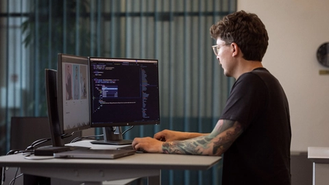 En person med tatoveringer sidder og arbejder ved et skrivebord foran to computermonitorer, hvor den ene viser kode, mens den anden skærm viser billeder. Der er grønne planter og et vindue med gennemsigtige gardiner i baggrunden.